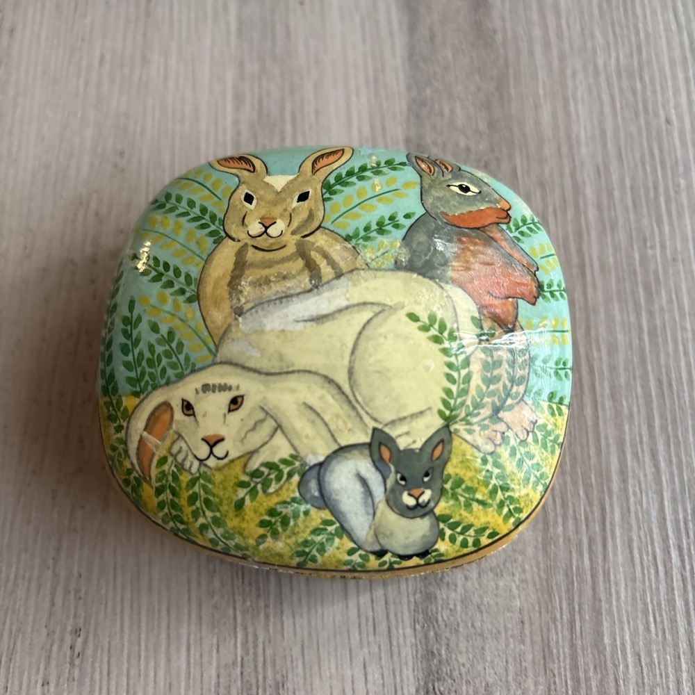 Vintage Kashmir India Lacquer Trinket Box Rabbits Hand painted Design
